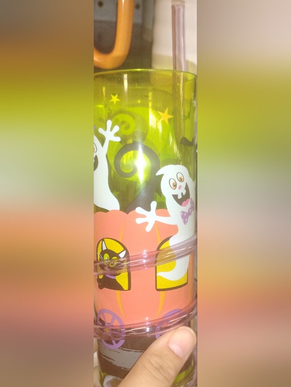 Kids Halloween Ghost and Pumpkin Glass with a Spiral Straw - Yellow